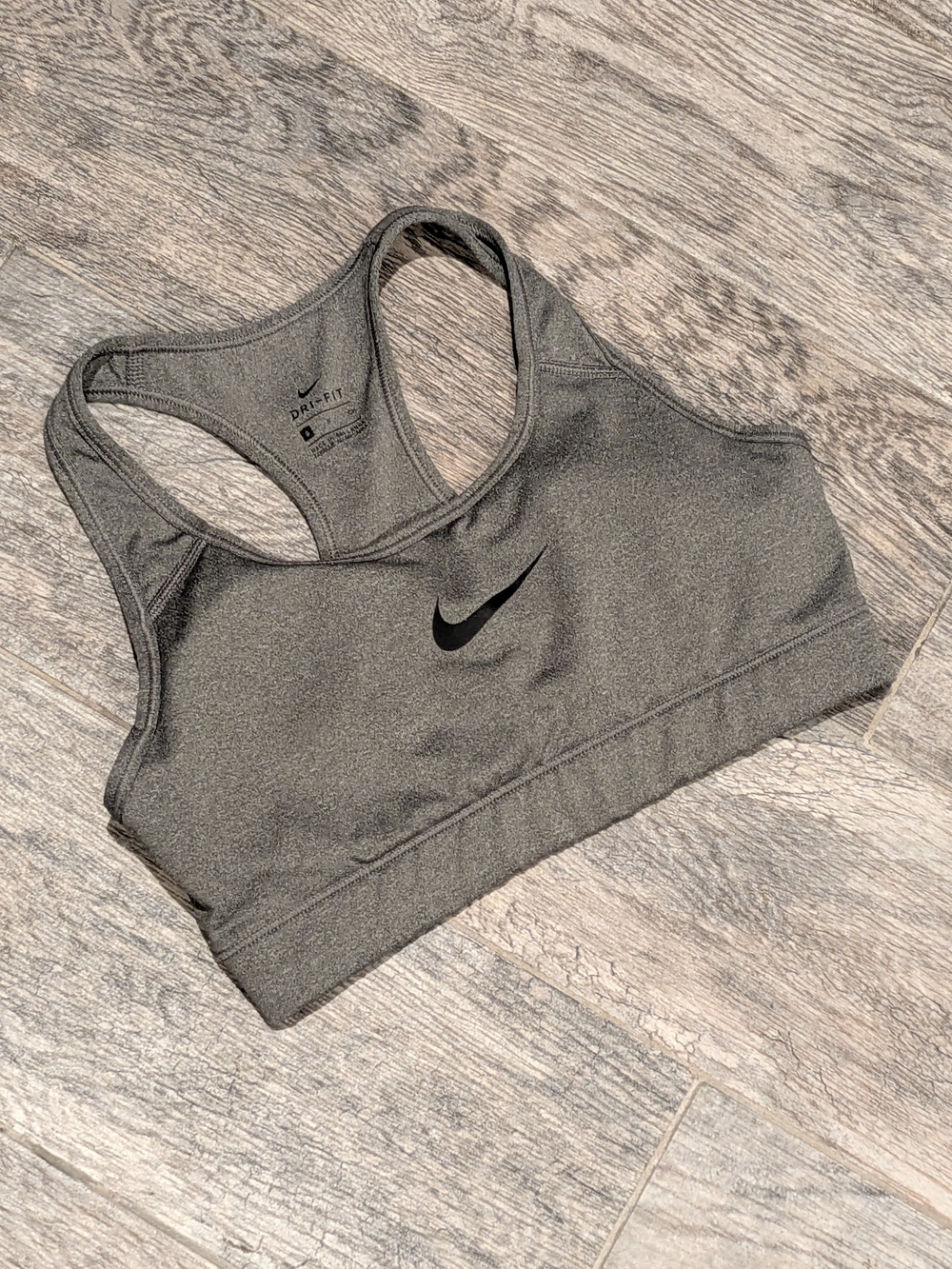Nike Dri Fit Gray Racerback Sports Bra w/ Black Swoosh • Padding • Size Small